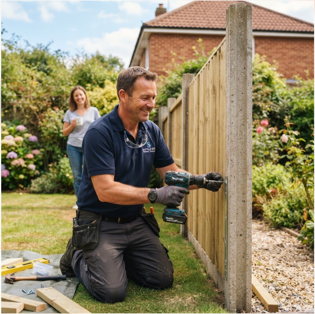 Handyman mending a garden fence