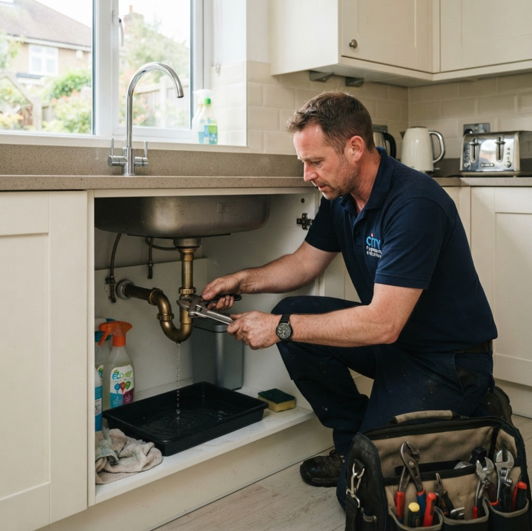 Handyman carrying out a plumbing repair under a kitchen sink